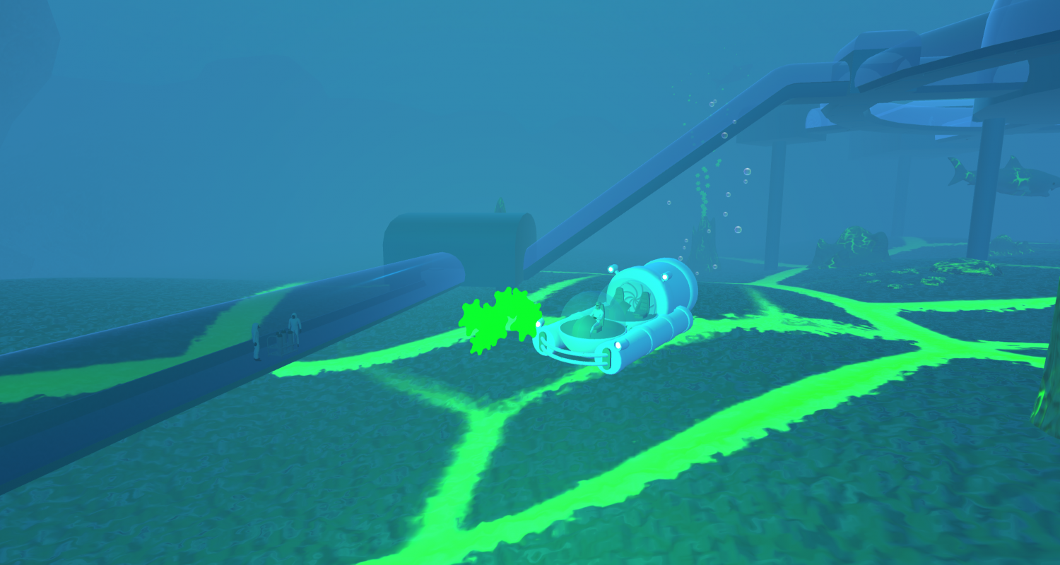 Game art of an underwater base with a submarine and neon green liquid lines along the ocean floor. Art by Jason Clibanoff BFA '20