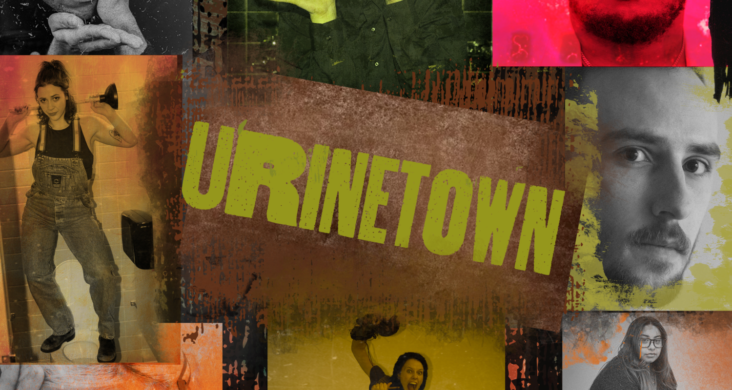 A collage of pictures of people with the images in yellow, orange, and red colors. Some pictures are close up faces, mixed in between full body pictures. The middle of the page reads "Urinetown" in a green-toned color. 