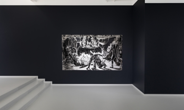 Image of Mark Thomas Gibson's exhibition with one canvas at center in black and white ink