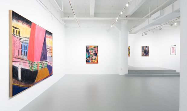 Image of Tal R's exhibition in Rosenwald-Wolf Gallery with one smaller brightly colored canvas on wall straight ahead and one larger brightly colored canvas on left wall