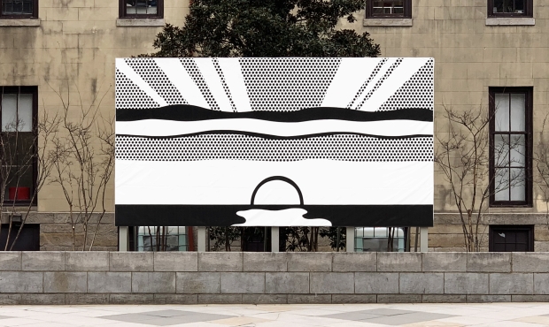 'Super Sunset' billboard by Roy Lichtenstein in front of Hamilton Hall