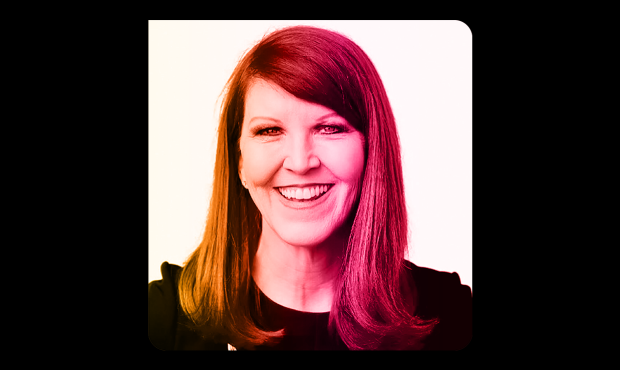 headshot of kate flannery smiling against a white background. flannery is overlaid with a yellow to fuschia gradient