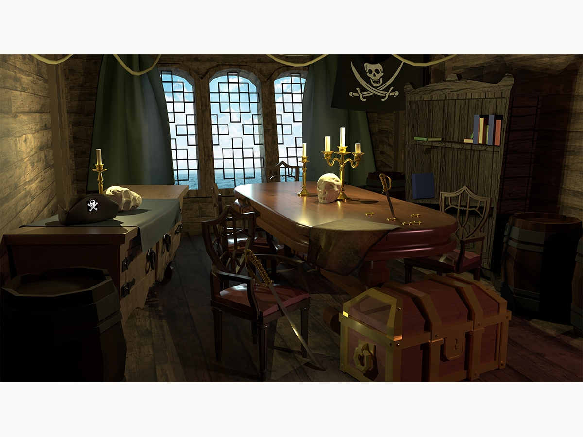 Game art of captain's quarters on a ship. A table is seen with candles, a skull, a sword and coins. There is a trunk under the table and a bookshelf next to it with seven books on the top shelf. Art by by Luke Helgesen BFA '20