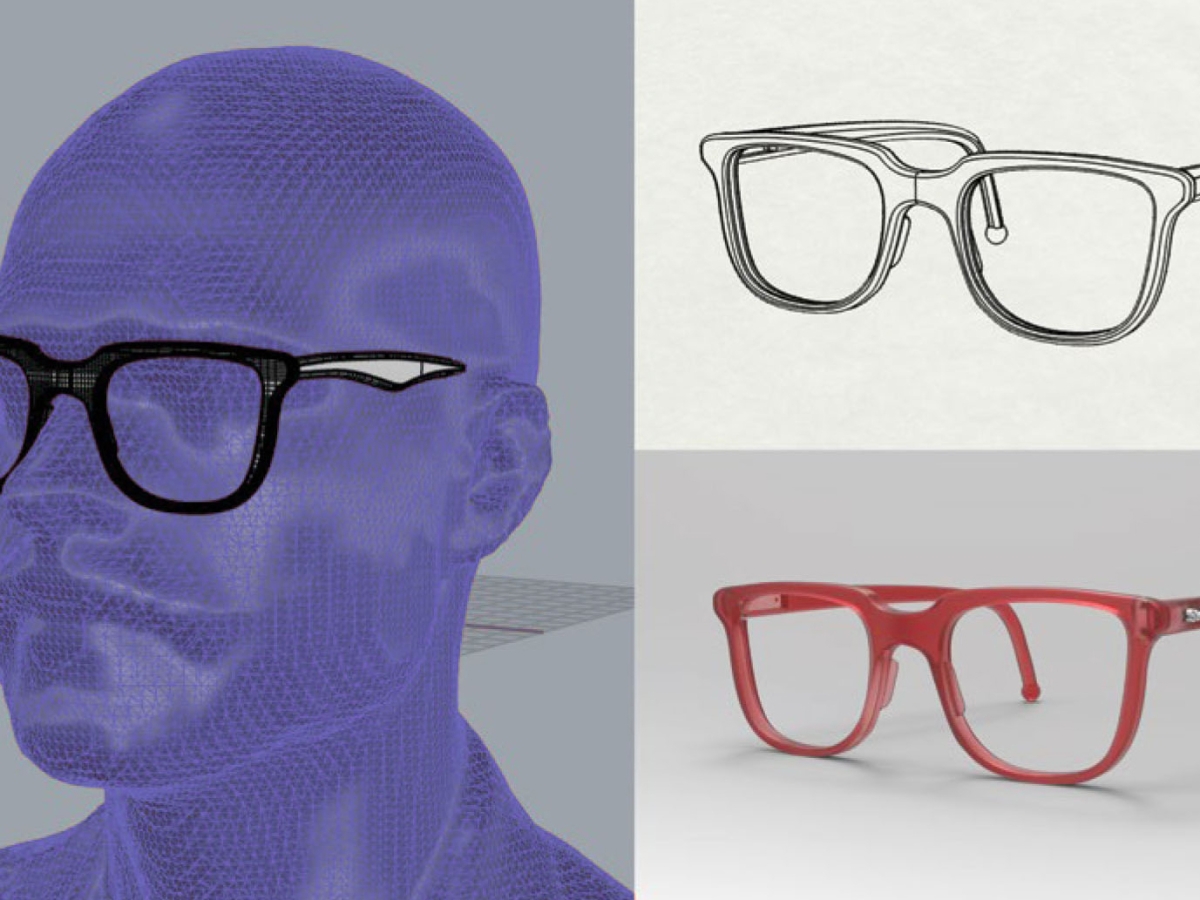 A 3d rendering of red glasses on a purple figure 