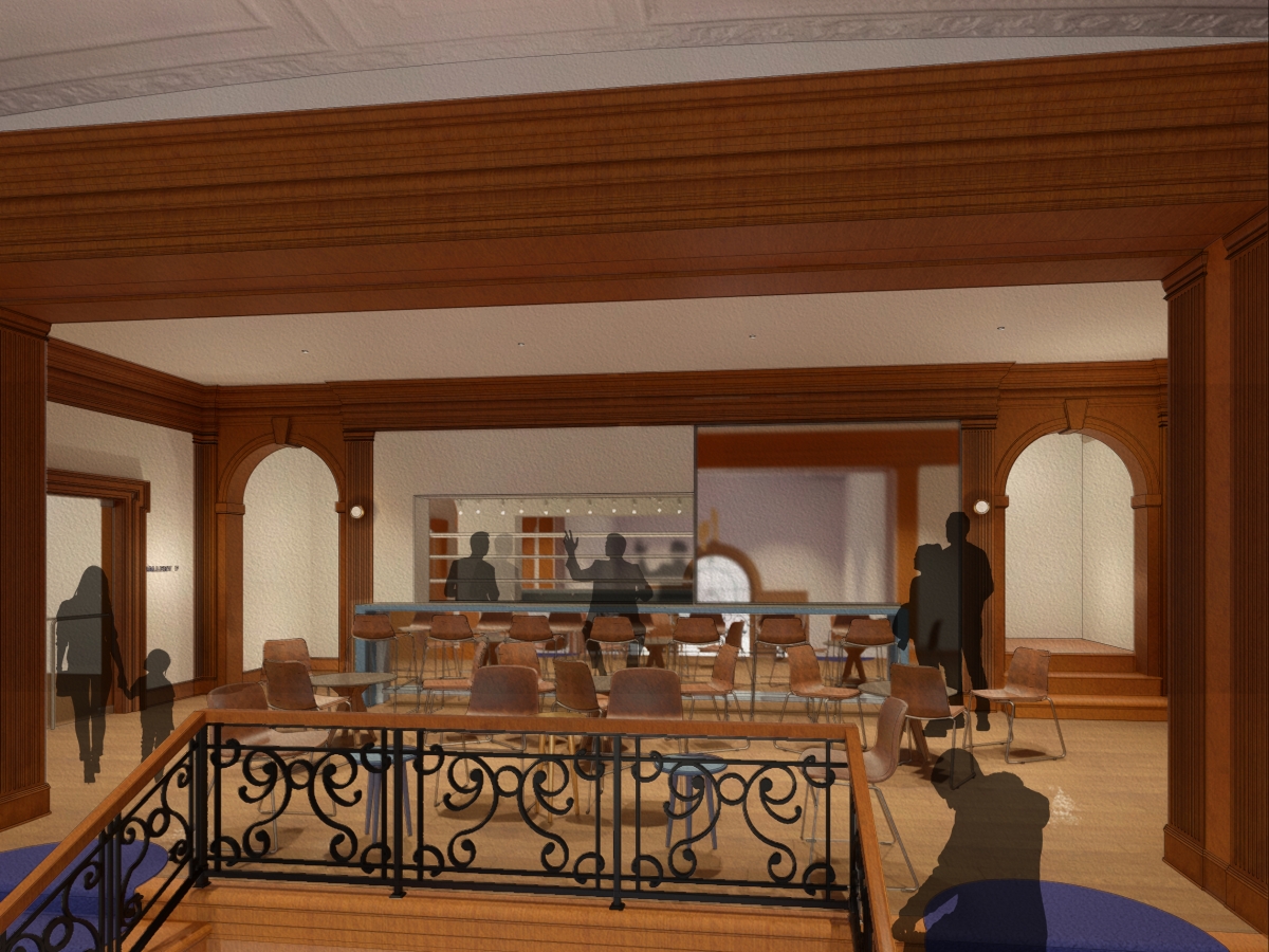Rendering of a planned cafe on the second floor of the Art Alliance