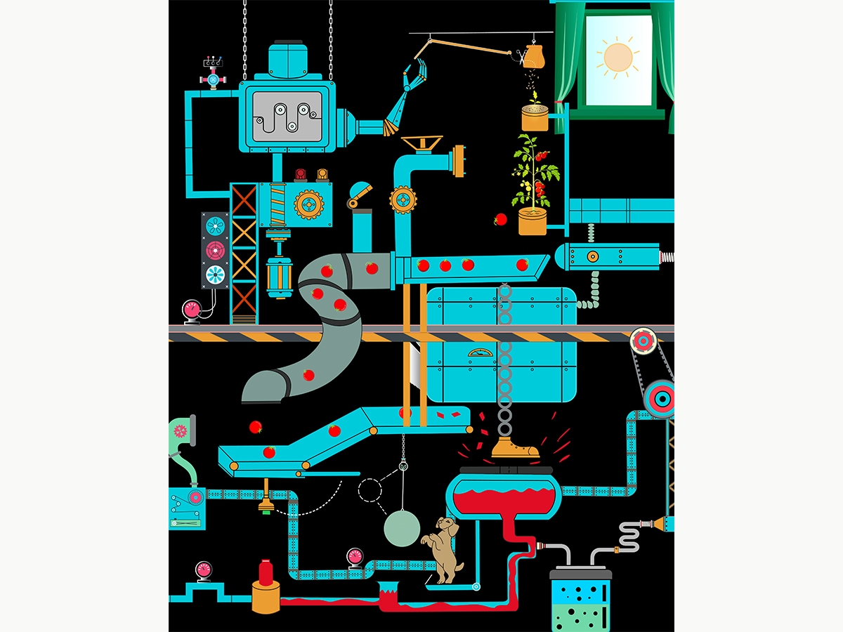 Minu Aktar '23, an illustration of a better mouse trap resembling a chain reaction machine