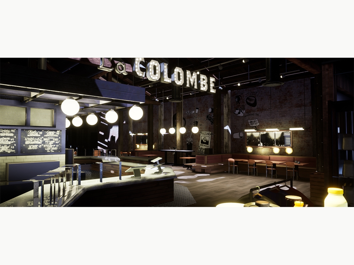 Game art of La Colombe, an empty coffee shop with circular lights hanging from the ceiling, "La Colombe" in marquee letters with light bulbs. Art by Rylee Cassel BFA ’20, Luke Helgesen BFA ’20, Mac Rose BFA ’20 and Jason Clibanoff BFA '20 