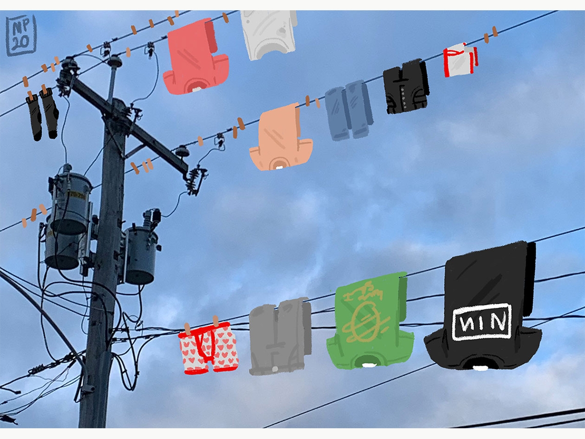 Morgan Peden '23, Combining Media. An illustration of clothes hung up on telephone wires.