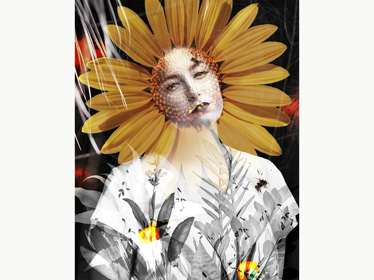 Kayla Klavins '23, Digital Self Portrait of a person with flower petals around their head and leaves on their shirt