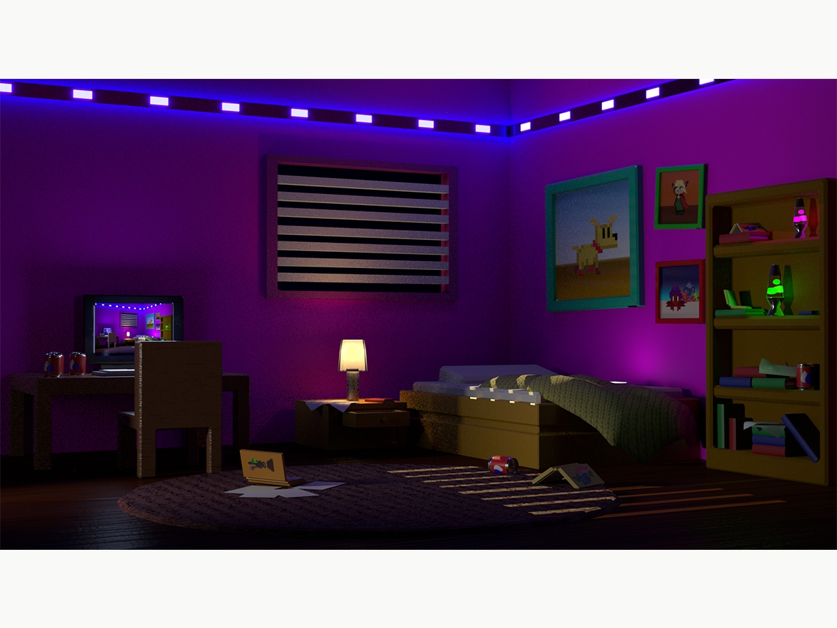 Game art of a room with fuchsia walls, a slated window, art on the walls, a bed, books on the floor and a nightstand with a lit lamp. Art by Eden Blas '21.