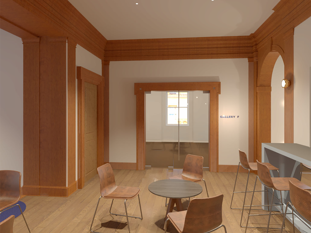 Rendering of the entrance to a renovated gallery in the Art Alliance building.