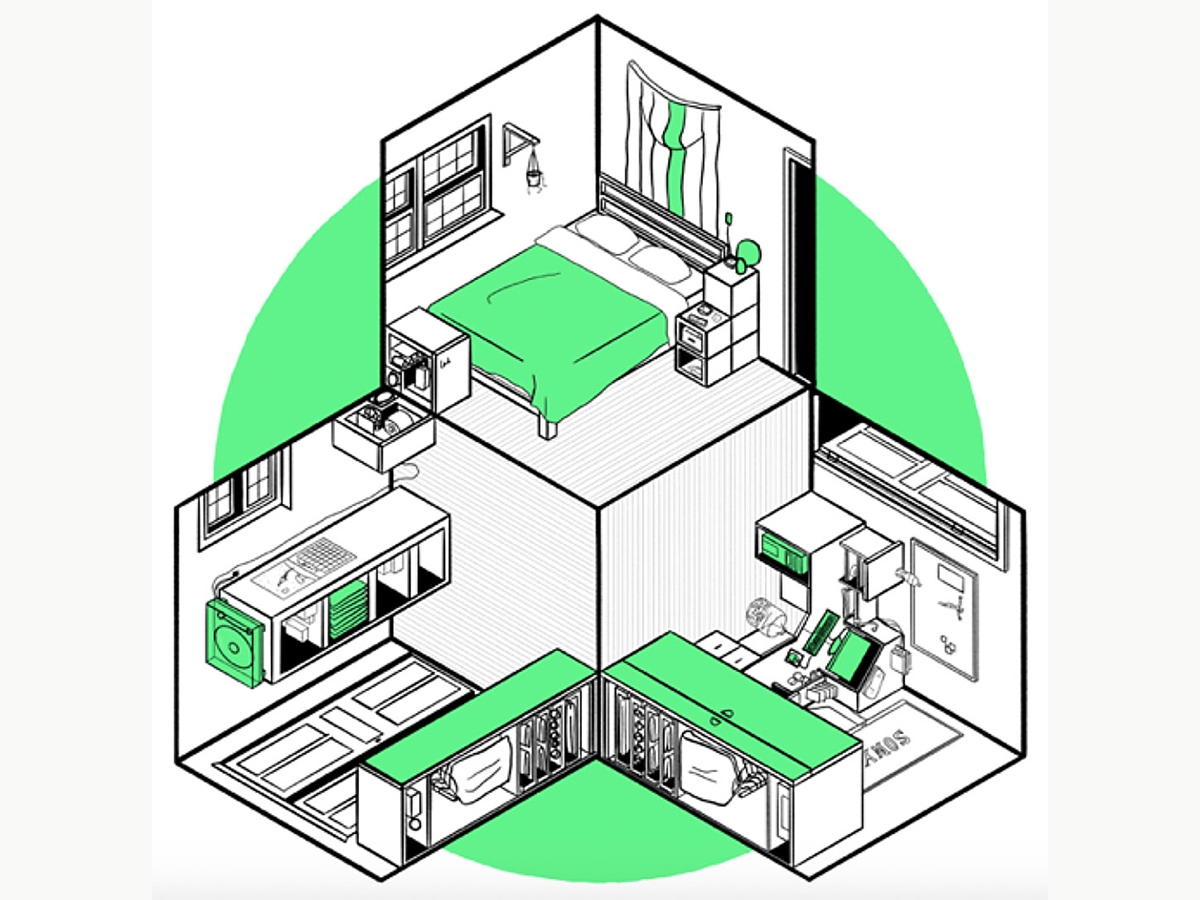 Viktor Freeling BFA '20, Isometric Drawing of three rooms of a house on different planes in 3-D space