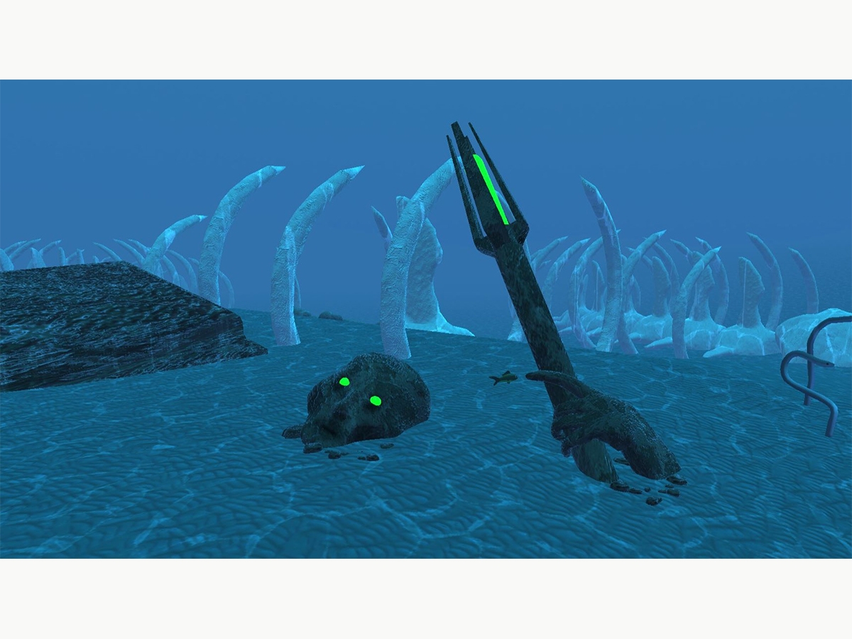 Game art of the bottom of the ocean with large skeletons coming out of the ocean floor, a eroded statue of a person holding a septor with a glowing green tip and with glowing green eyes. Art by Jason Clibanoff BFA '20 