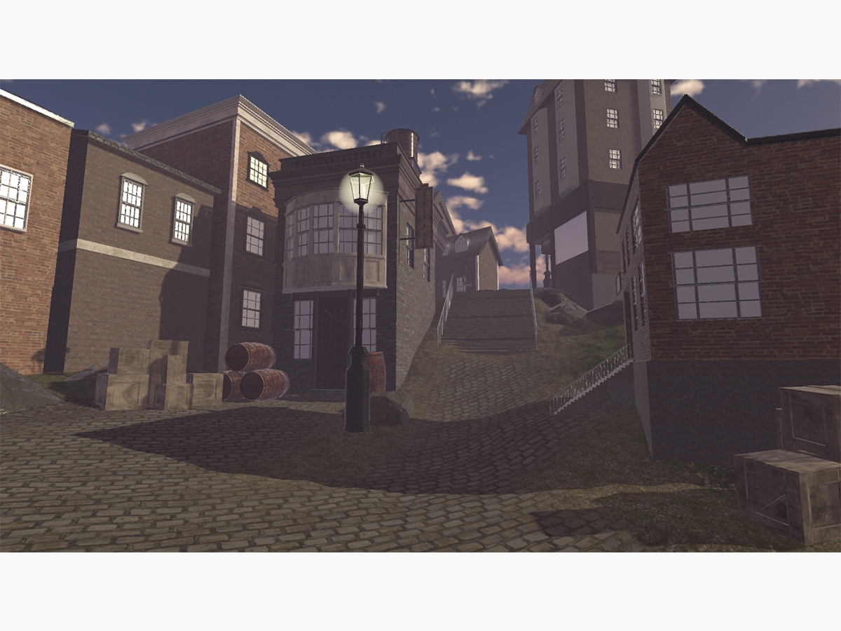 Game art of a town with brick roads, brick buildings, barrels and boxes in the street, and a tall street lamp lit up. Art by Katherine Wirtanen BFA '20