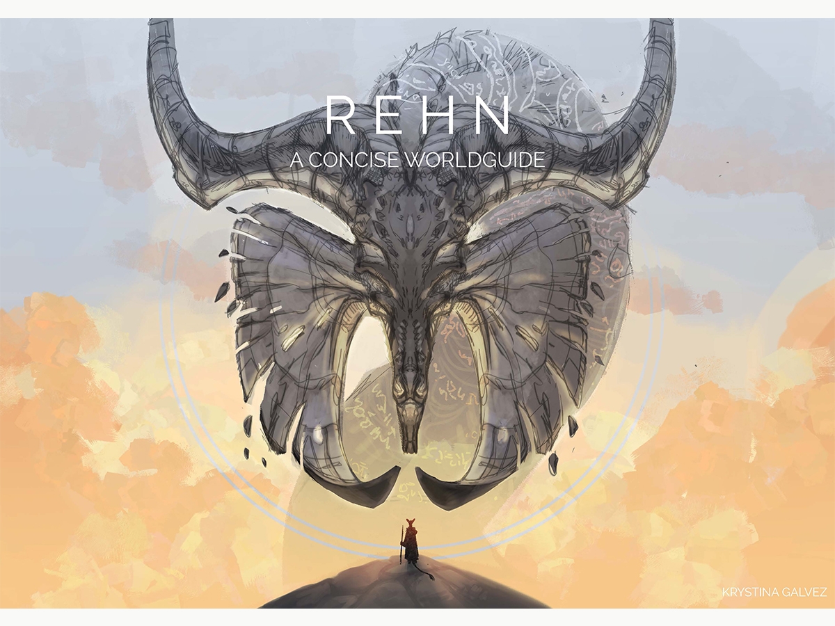 Game art of a dragon facing a person at the end of a cliff. Text reads "Rehn A Concise Worldguide". Art by Krys Galvez BFA ’19