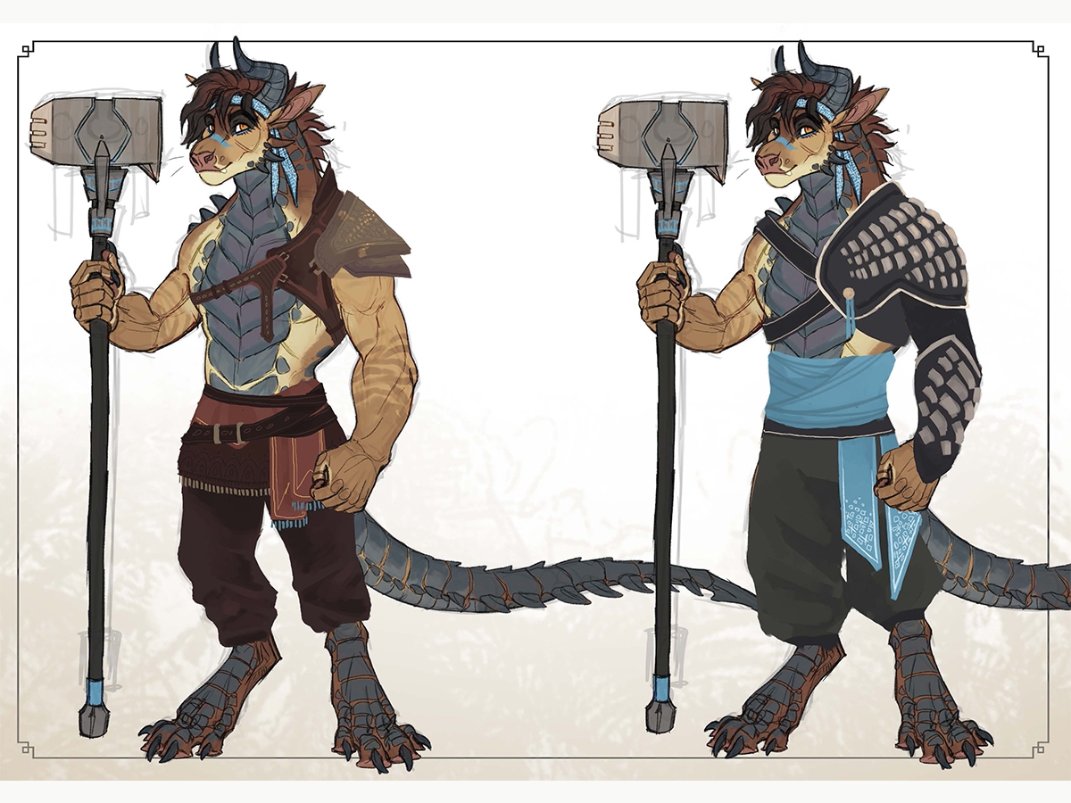Game art of a dragon character seen in two different outfits. One has a shoulder pad with red pants and a red scarf wrapped around the waist. The other has a shoulder and arm pad, pants and a blue scarf wrapped around the waist. Both have a long hammer. Art by Krys Galvez BFA ’19
