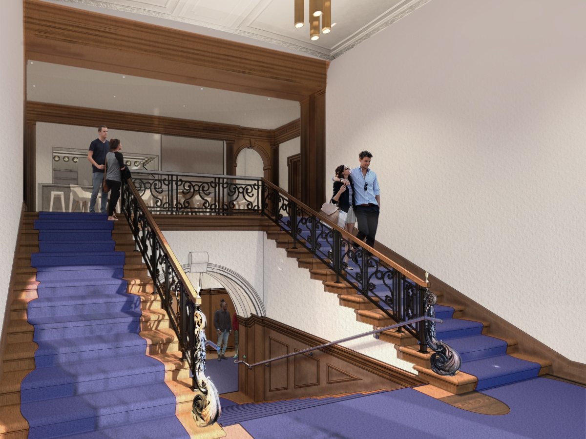A rendering of the renovated staircase leading to the second floor of the Art Alliance