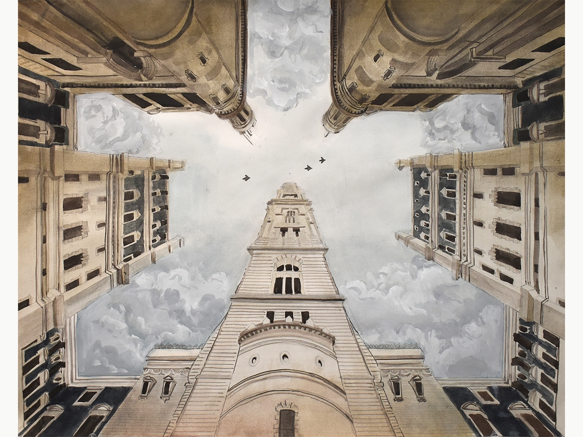 Toni Chung '23, Perspective of city buildings with the viewer looking up at the sky