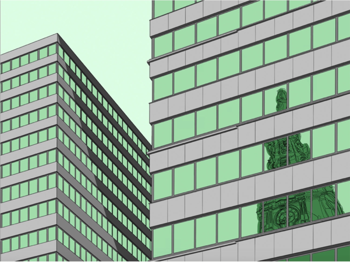 Viktor Freeling BFA '20, Perspective of city buildings with glass windows in a green hue