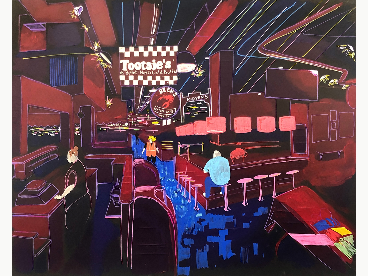 Kingdom Bankston '23, Perspective of a man sitting at a bar with neon signs above.
