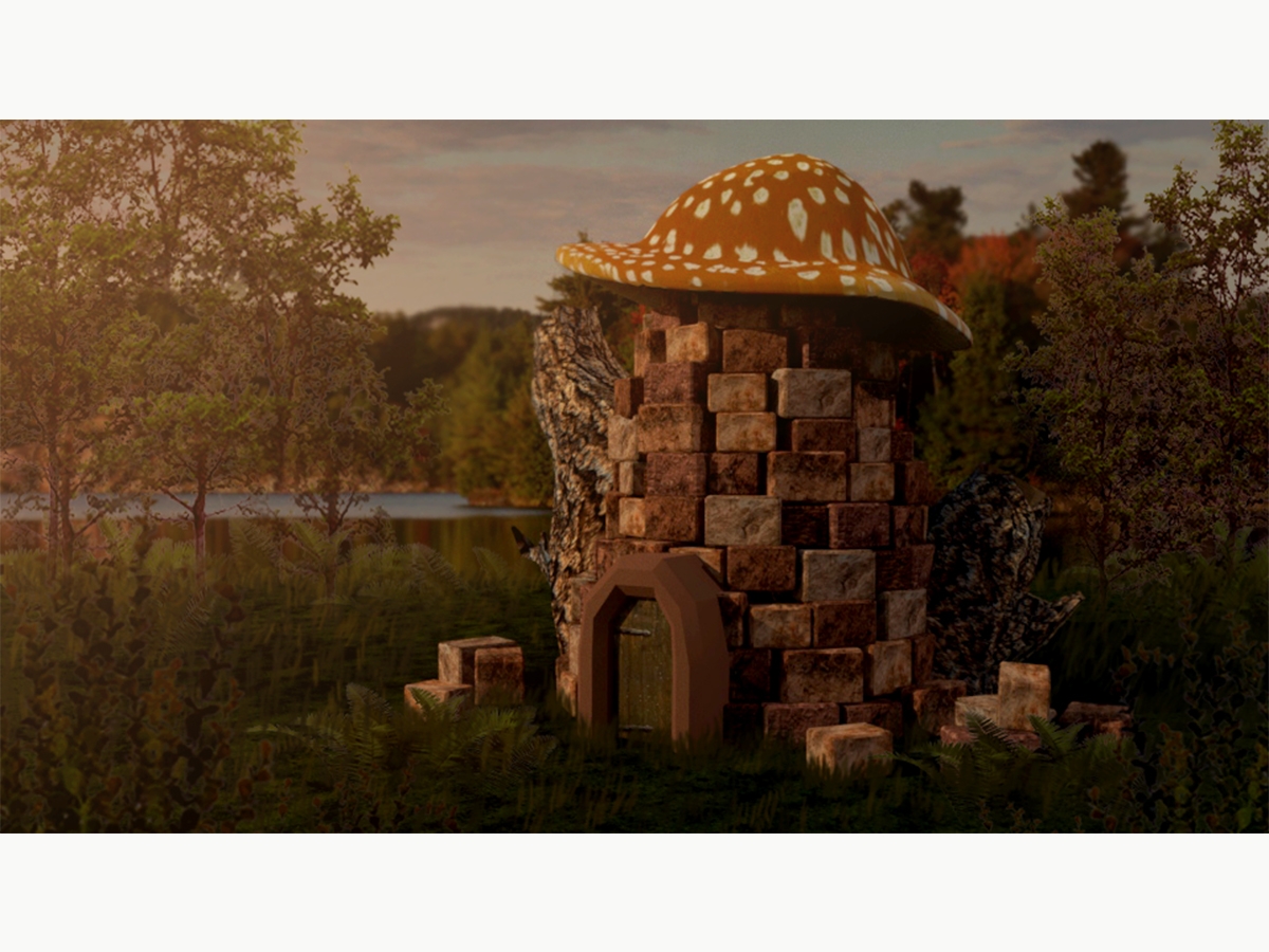 Game art of a dragon forest building made of bricks with a curved roof resembling a mushroom by Rylee Cassel BFA '20