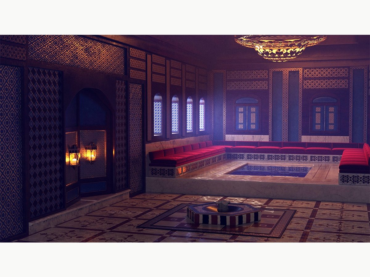 Game art of a stone and tiled room with a fire pit, an in-ground pool, padded benches, and lit chandelier by Sarina Eyring '21