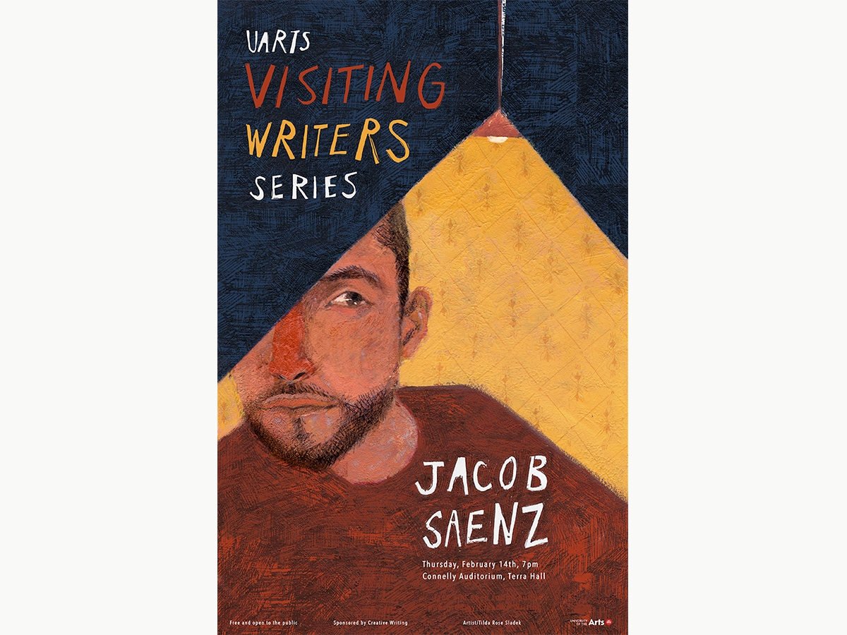 An illustration of Jacob Saenz for the Visiting Writers Series made by Tilda Rose Sladek BFA '19