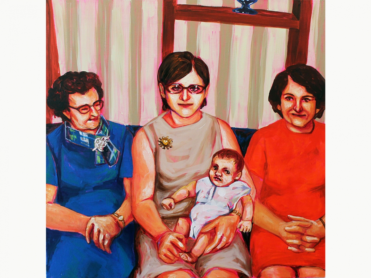 A painting of three women sitting on a couch and one is holding a baby