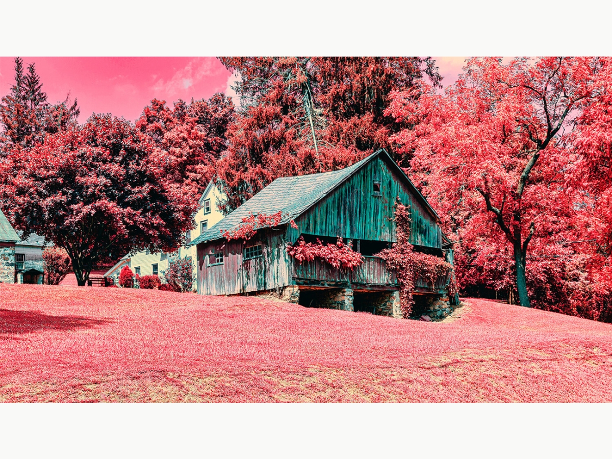 A photograph in pink and blue hues of a barn and a house in front of trees