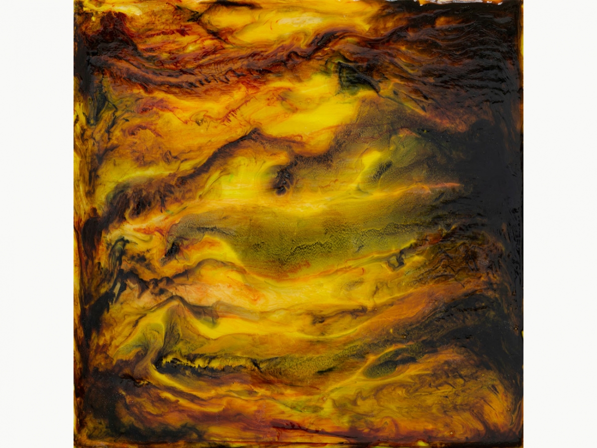 An abstract acrylic painting of yellow, brown, red and tan colors creating light and dark layers