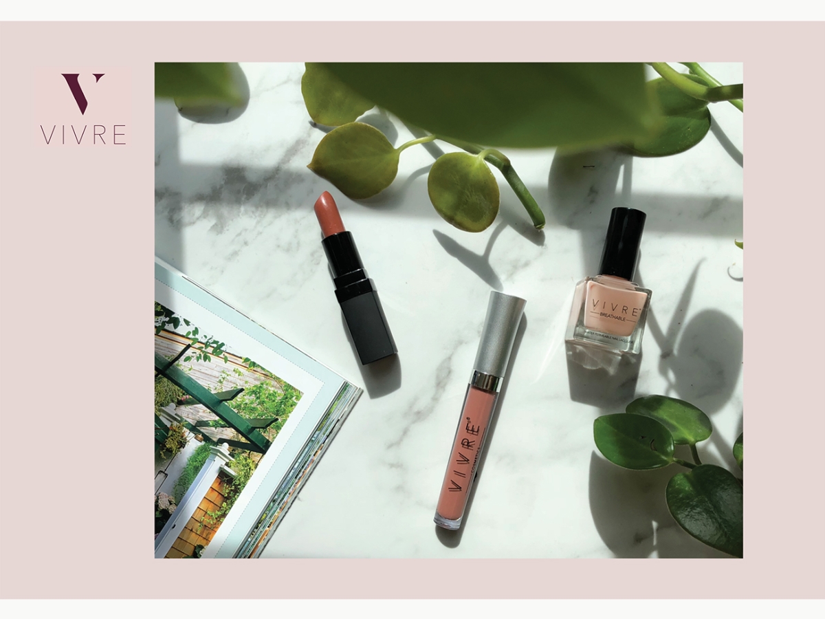 A graphic design brand piece for Vivre featuring their name on lipstick and nail polish. A photo is included of the products on a white marble table with green plants
