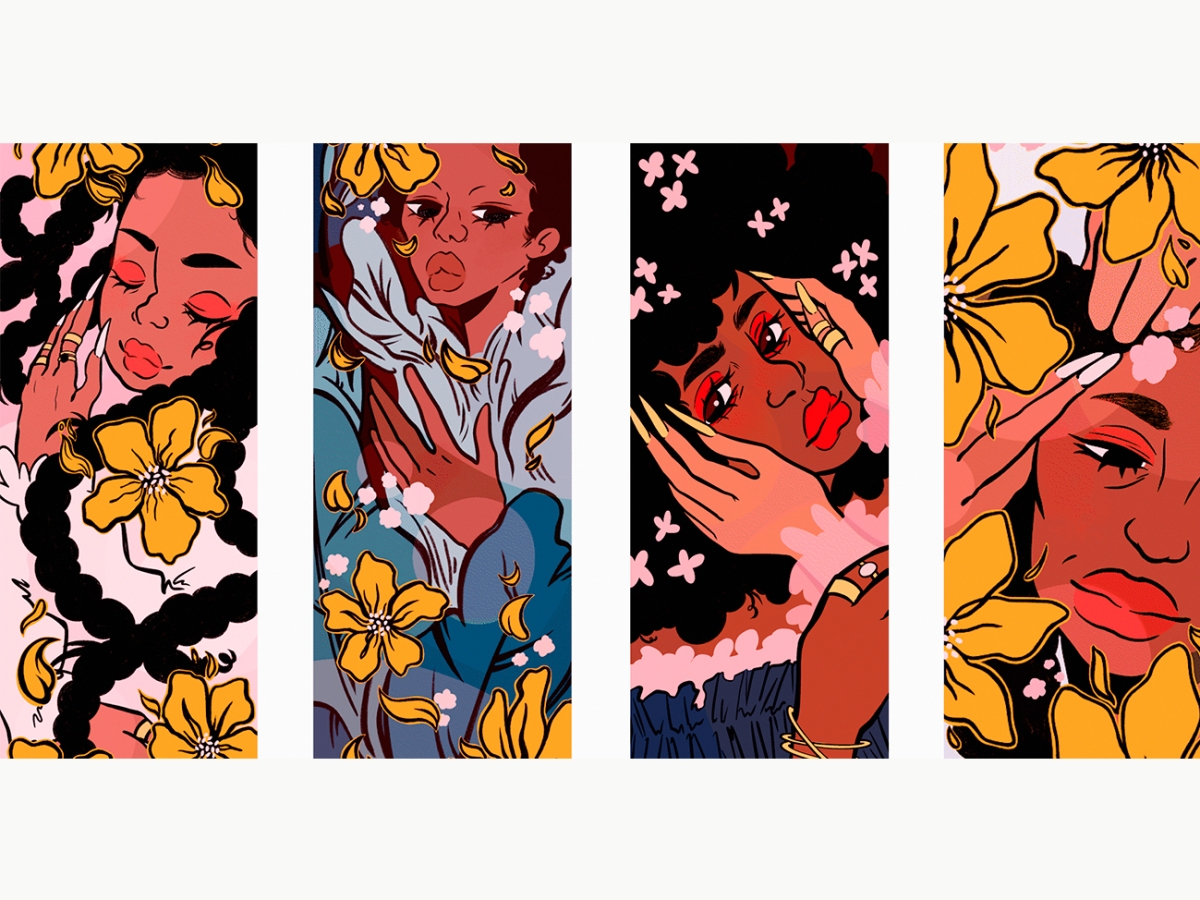 An illustration of four Black women wearing red lipstick each with yellow and pink flowers surrounding them.