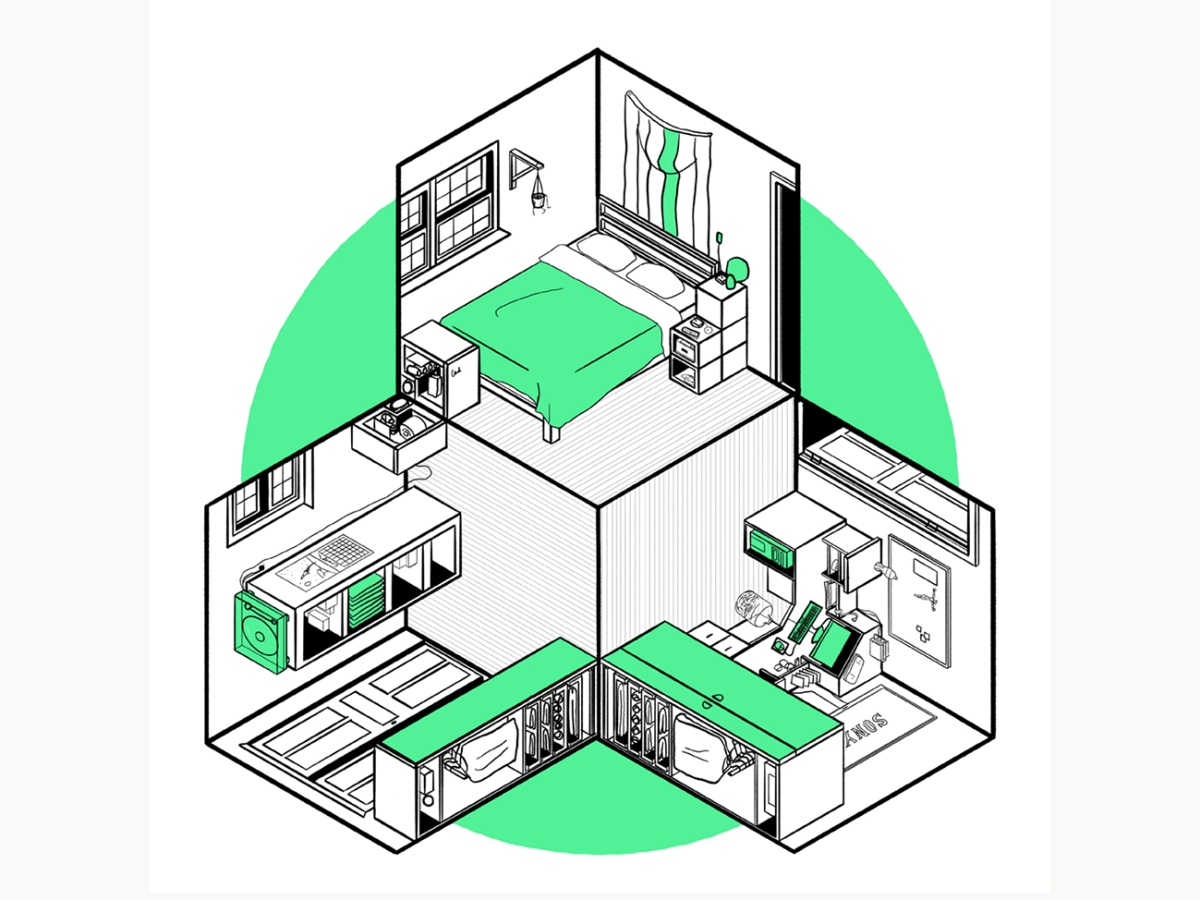 A graphic design of an isometric room in black, white and green. There are three rooms: a bedroom, living room and office space. Each room is rotated 90 degrees from the next created a three-dimensional shape.