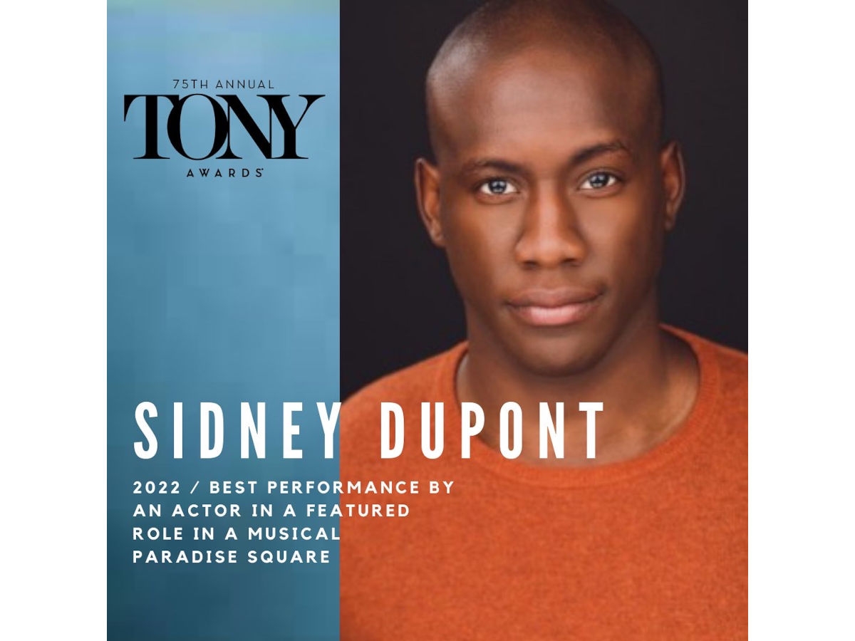 2022 Tony award nomination banner, with identifying information on against a gentle watery blue gradient on the left and a photo on the right. Sidney Dupont is pictured wearing an orange sweater