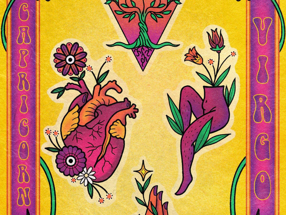 a colorful poster-like image styled after a tattoo flash sheet with a yellow background and pink-violet border. the images contained include a sapling in a downturned triangle, an anatomical heart with flowers growing from it, the lower half of a person sitting in leaves, and a hand wrapped with a vine. 