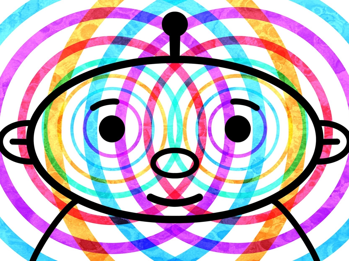 a digital illustration of an smiling little alien-type figure, with a horizontal ellipse head, a single central antenna, and a smile. from both eyes, concentric circles in different colors emante: violet, red, teal, sky blue, pale green and yellow, causing interesting interactions at their overlap points. 