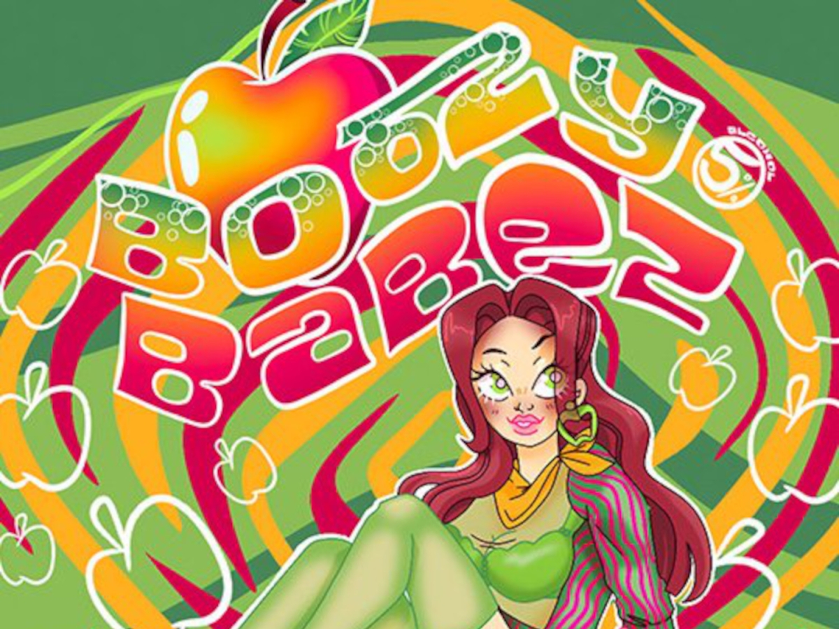 a mockup of apple hard seltzer branding. a character in green stockings and a green bra with red hair and a striped open shirt reclines under a bubbly crooked title of "boozy babez," with "apple hard seltzer" written in white below. the background is of red and yellow swirls against a pattern of greens, with white apple shapes throughout. 
