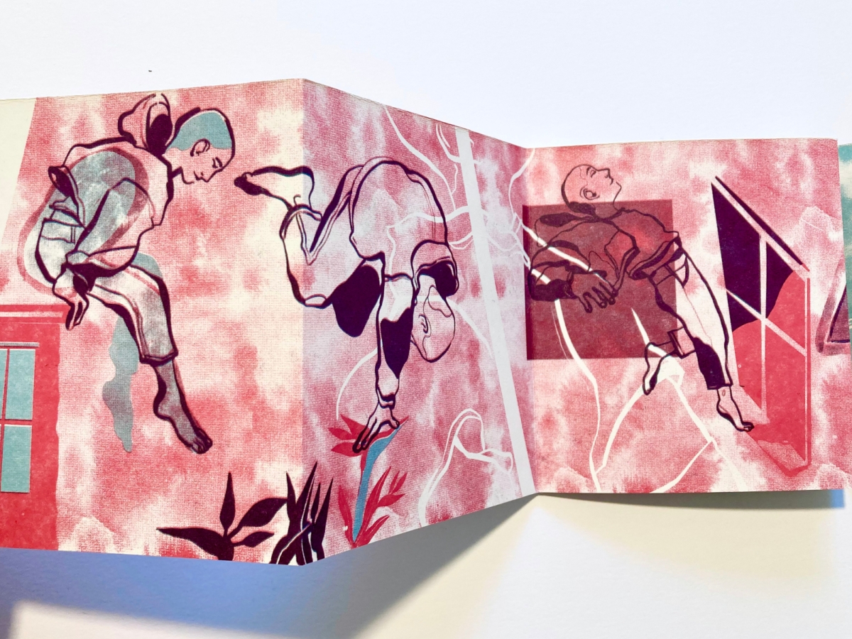 a printed artwork on folded paper, depicting a series of images of a bald person in a hoodie tumbling through space and splotchy pinkish textures, bird of paradise flower, and rippling white lines. 