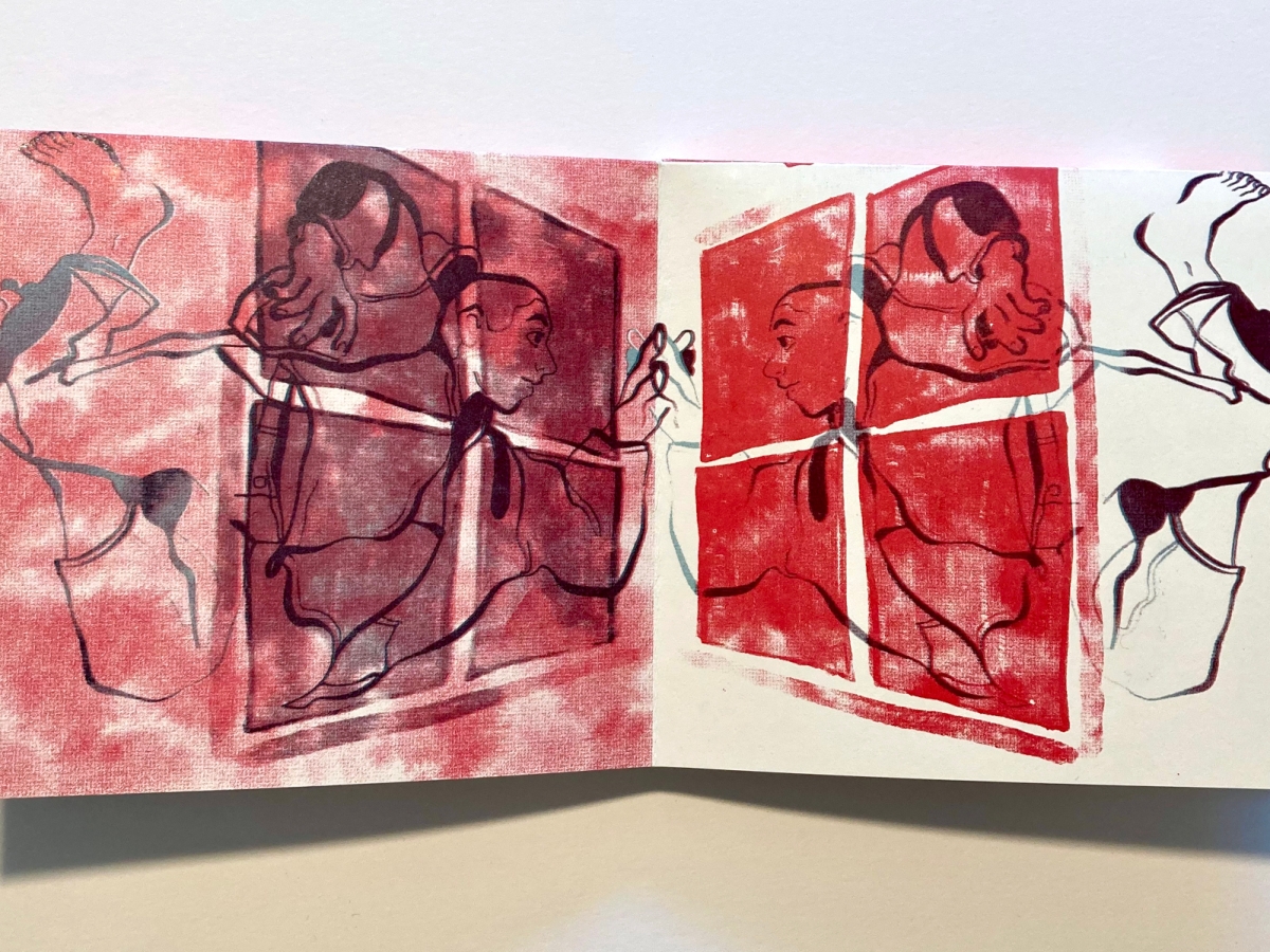 a printed artwork depicting a floating person reaching out from behind a slanted windowpane-like shape. the image is mirrored, printed in slightly different colors on the left than on the right.  