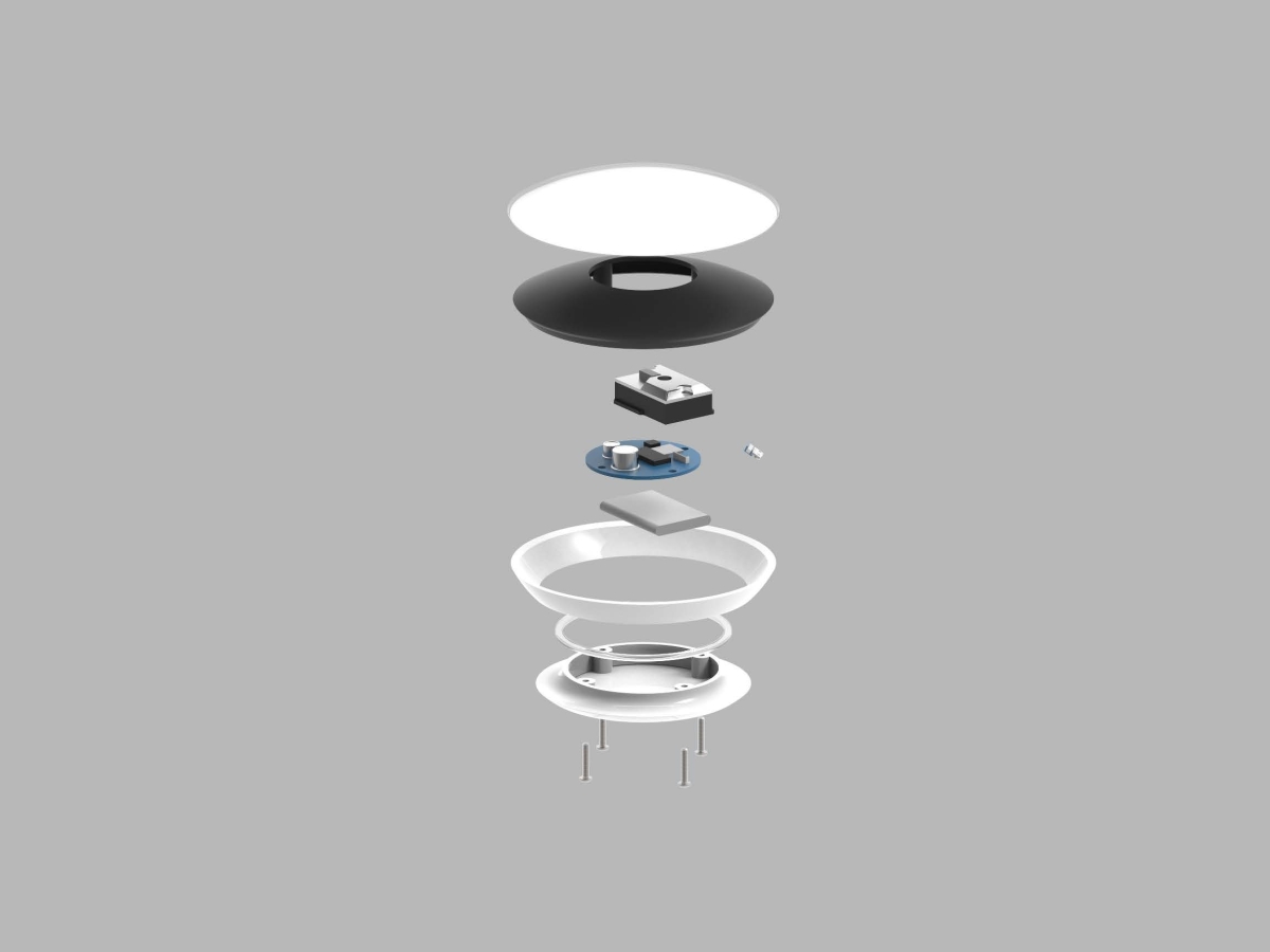 An exploded view of an electronic product with all of its layers vertically stacked and separated in the center of the image. The overall shape of the product is circular; it resembles a speaker or voice-activated device.