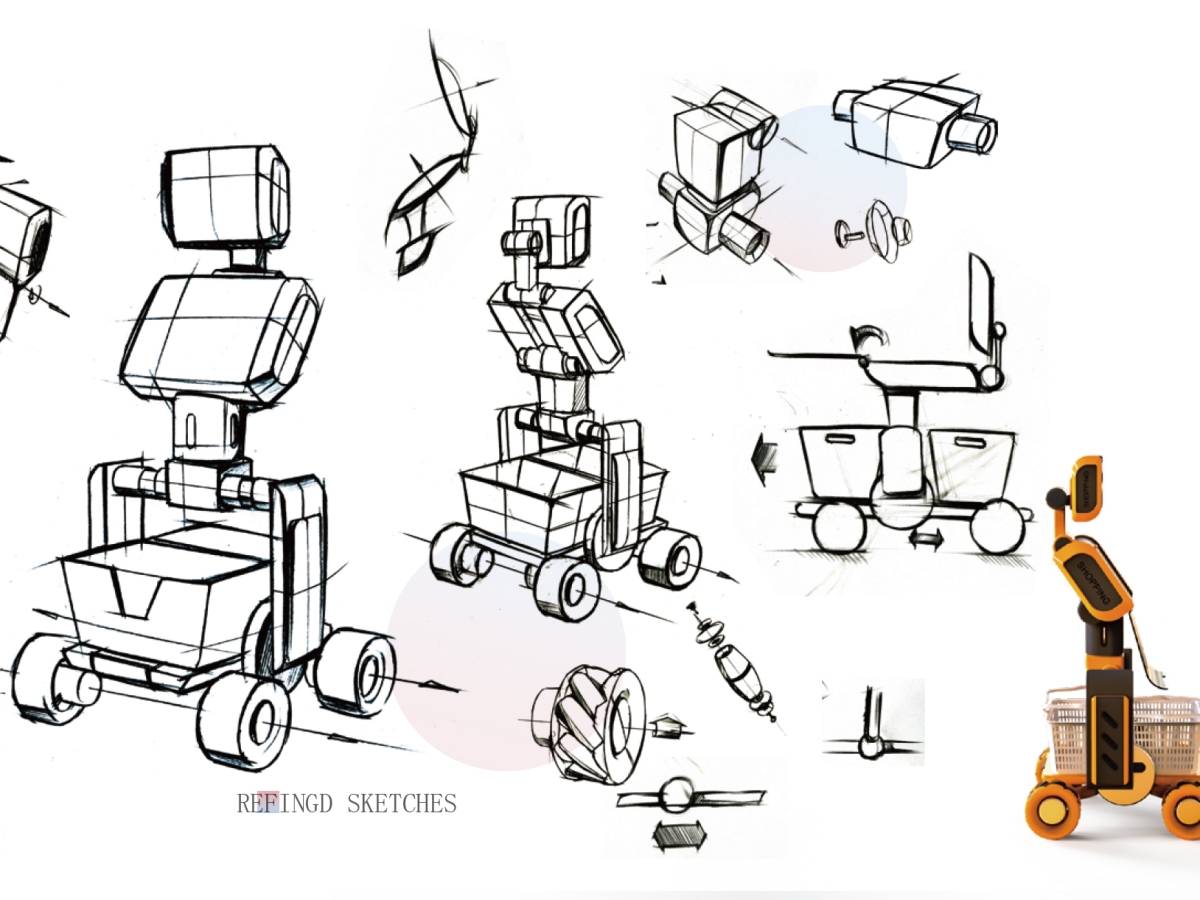 A broad sheet of gestural sketches of parts of what resembles a robotic shopping cart. The sketches traverse varying levels of detail, from rough concepts on the left to more polished drawings and eventually a rendering of the final product on the right.
