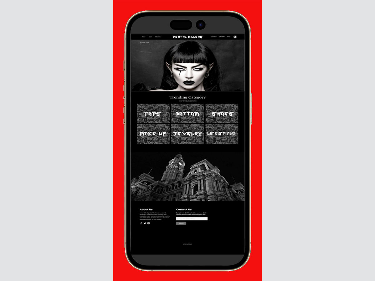 A mock app/website design in grayscale for "Mental Killers" in an iPhone frame. A ghoulish portrait is showcased at the top and two rows of buttons that read "Tops, Bottom, Shoes, Make up, Jewelry, Lifestyle" sit above a creepy looking mansion at the bottom. The mockup is on a bright red background.
