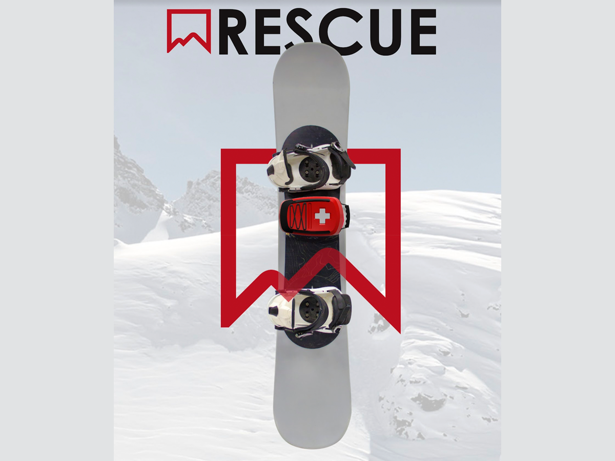 "Rescue" in all caps, sans-serif type sits next to a jagged flag-like shape, rendered in a red line, at the top of the image. Part of the word is covered in the center of the image by a snowboard, depicted from above. The snowboard has a first-aid pack next to one of the foot-bindings. The jagged flag icon (which has a mountain in its negative space) is repeated, overlayed on top of part of the board. A faint mountain crest is visible in the background. 