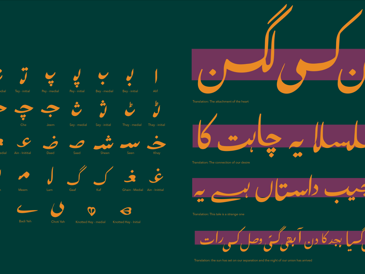 A one-page spread featuring process samples and type options for an Urdu Typeface. The background of the image is a deep green; the font is rendered in gold and displayed as individual characters on the left in a grid and on the right in sentence-form (each sentence has a purple bar behind it.)