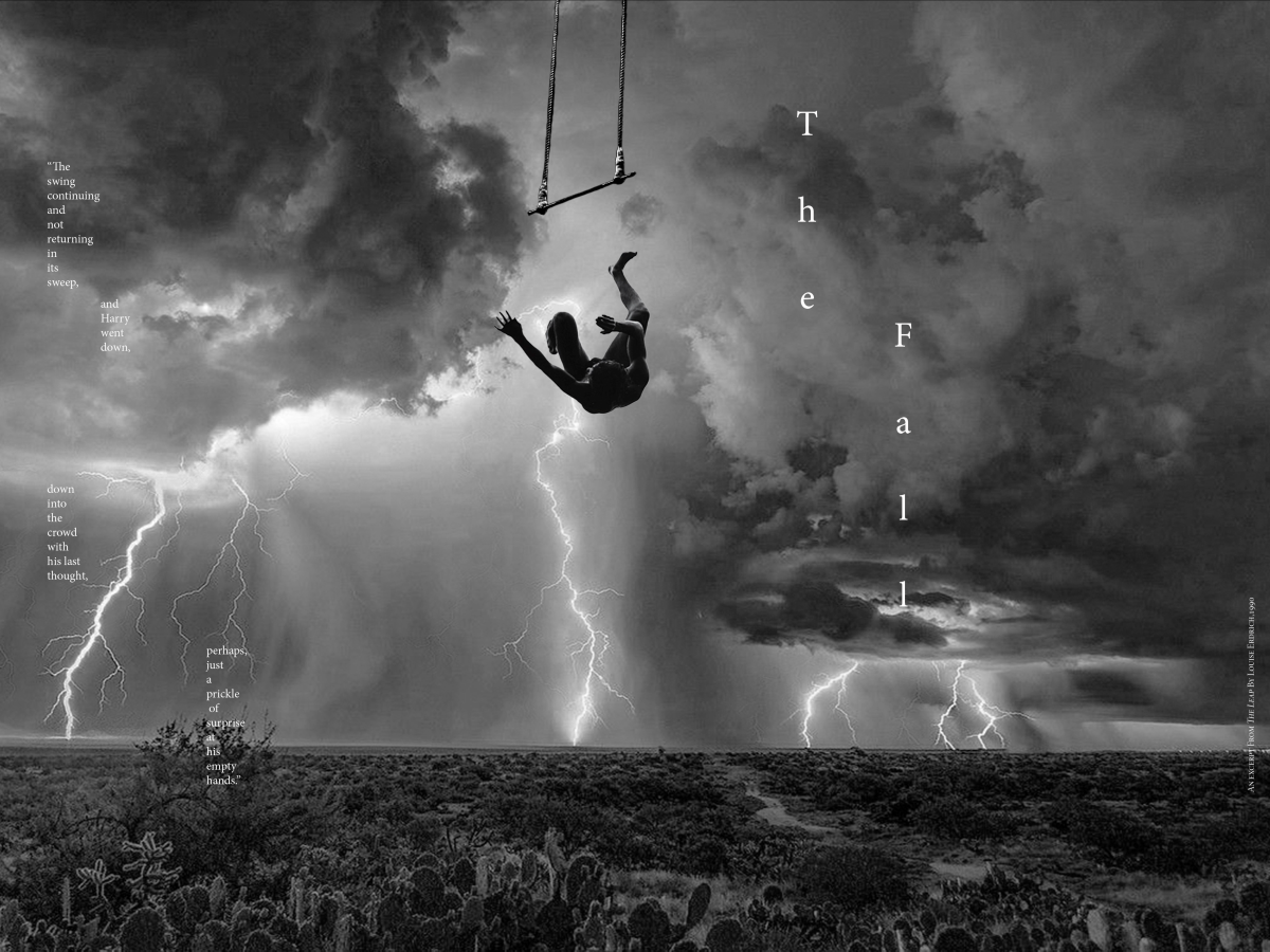 A grayscale composition featuring a person who appears to be falling from a swing in the center of a landscape; there is lightning in the sky; "The Fall" which is displayed in a serif font in two vertical columns with lots of space in between each character.