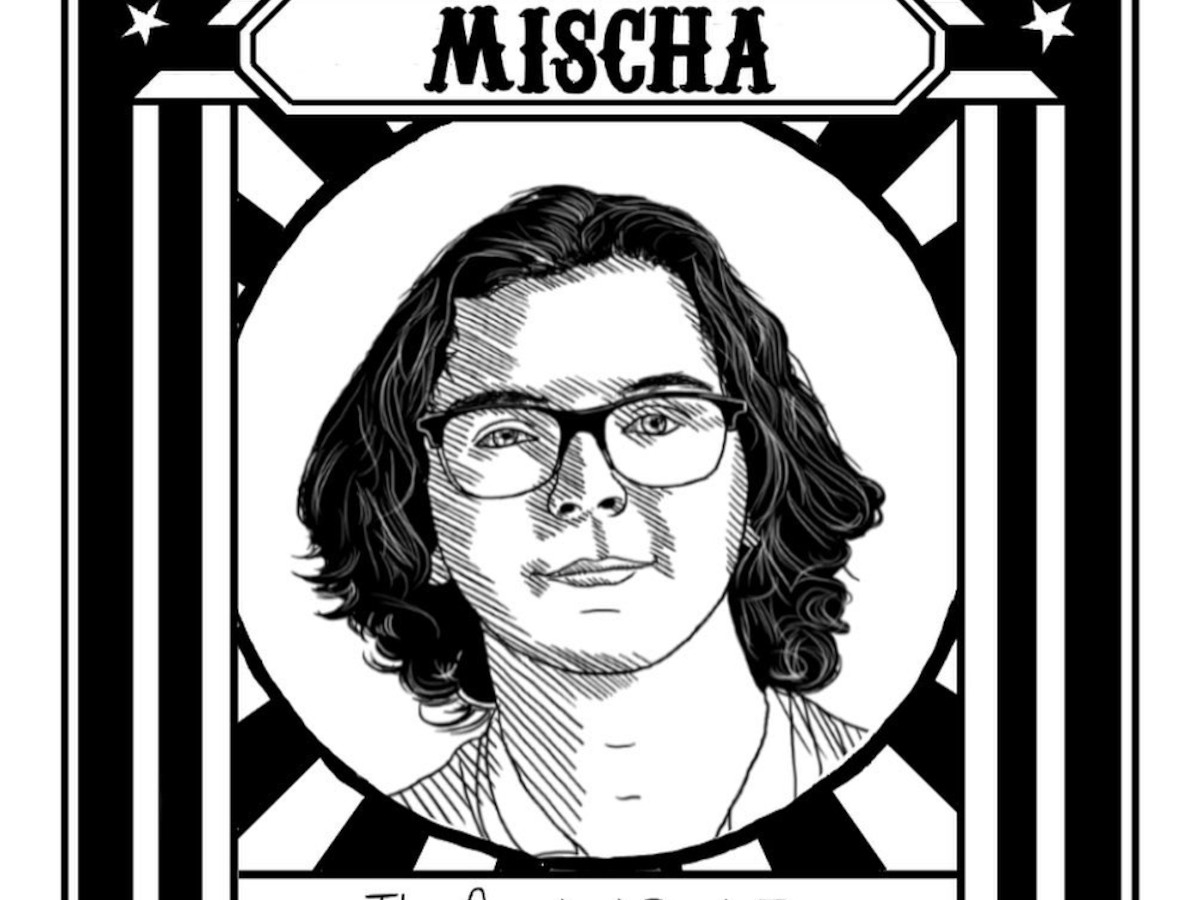 a stylized hand drawn trading card of ride the cyclone character mischa aka the angriest boy in town. 