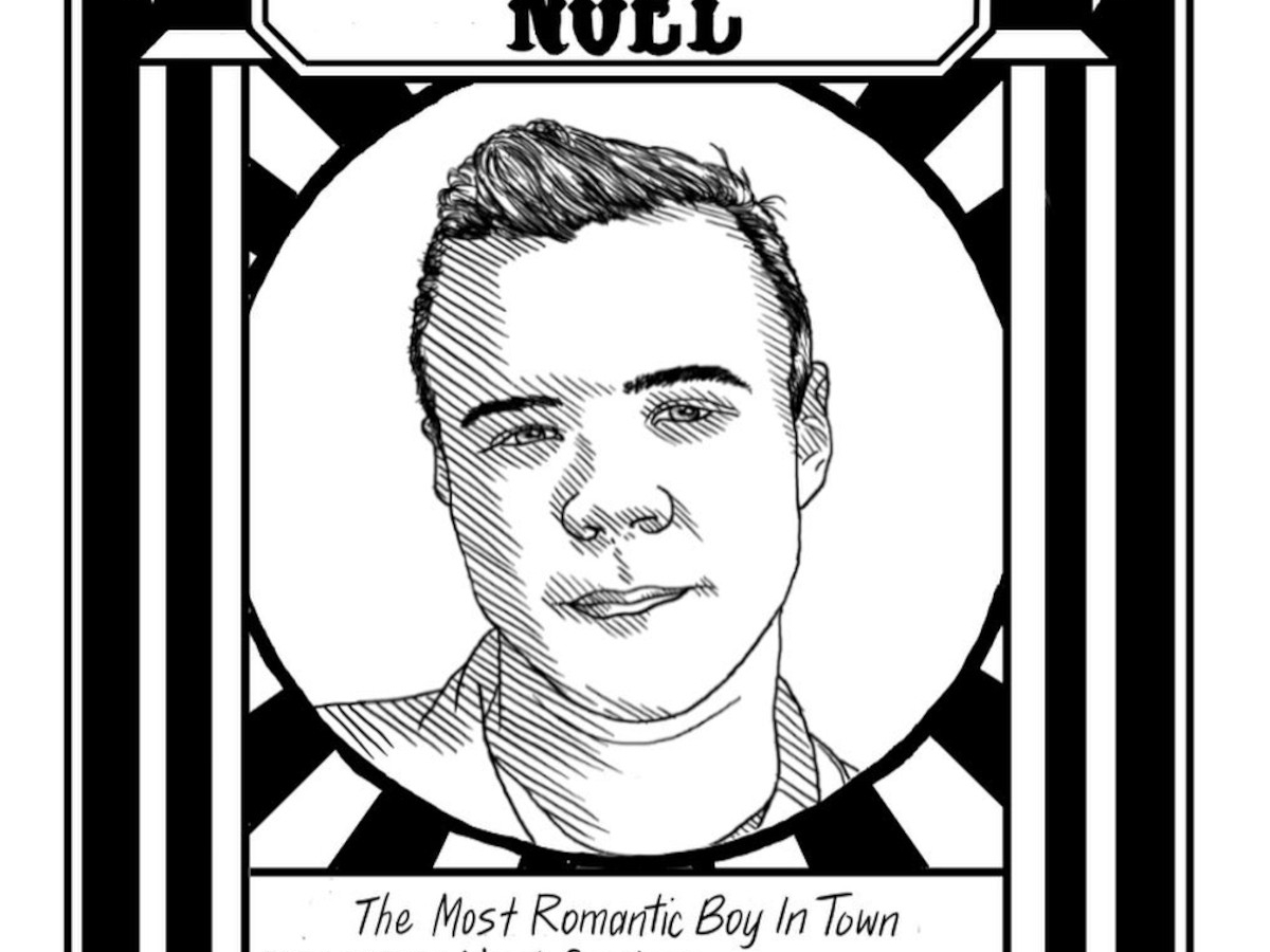 stylized hand drawn trading card of ride the cyclone character noel.