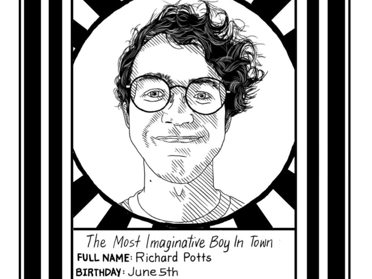 hand drawn black and white stylized trading card for ride the cyclone character ricky
