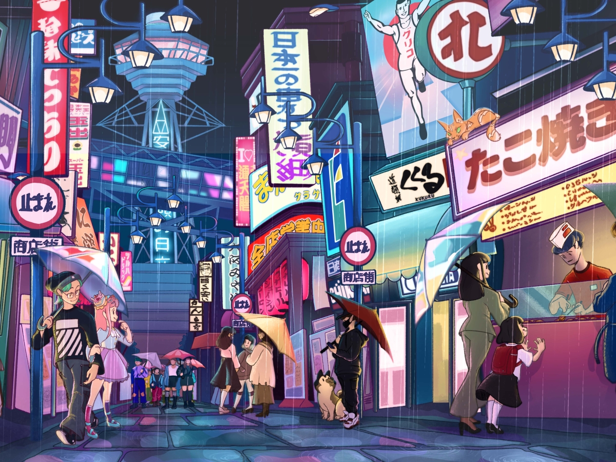A bustling scene in an urban setting. Neon signs and billboards with foreign characters crowd the street where people are walking with umbrellas. It appears to be raining, and night time. There is a diverse group of people on the street speaking with vendors and having conversations in small groups.