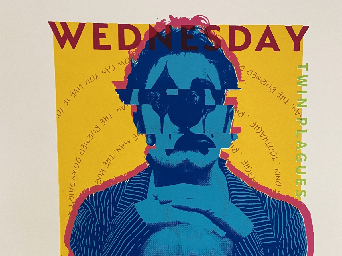 multicolor screen print of ayellow background with pale and dark blue characters up front depicting a clown in a pinstripe suit with hands on the head of a person with long hair. in green vertical text is written twin plagues on the right. 